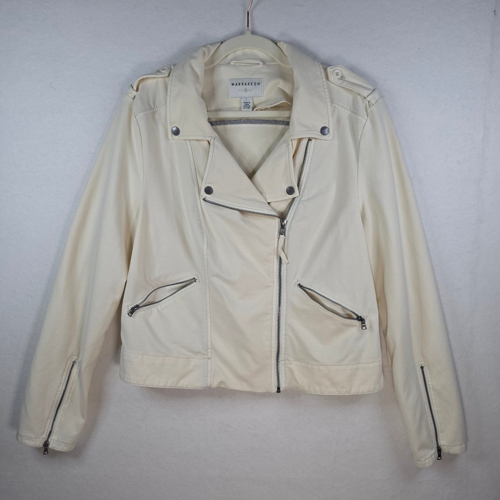 Marrakech Anthropologie Moto Jacket Cream Cotton Spandex Zip Biker Large